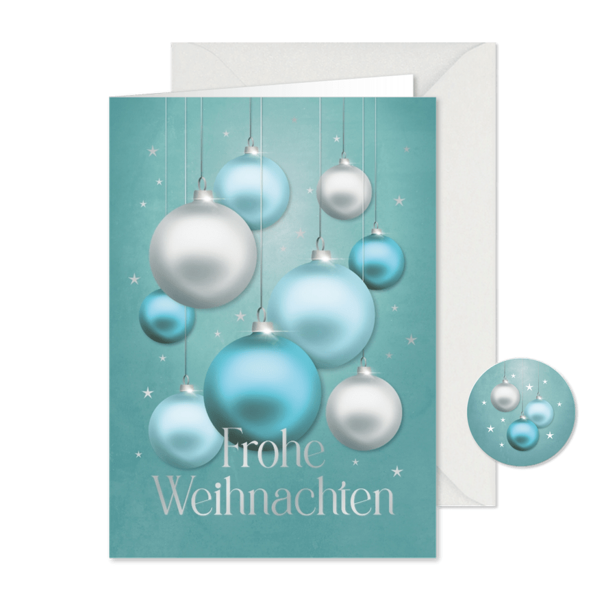 Geschäftliche Weihnachtskarte blaue Weihnachtskugeln - Karteneindruck