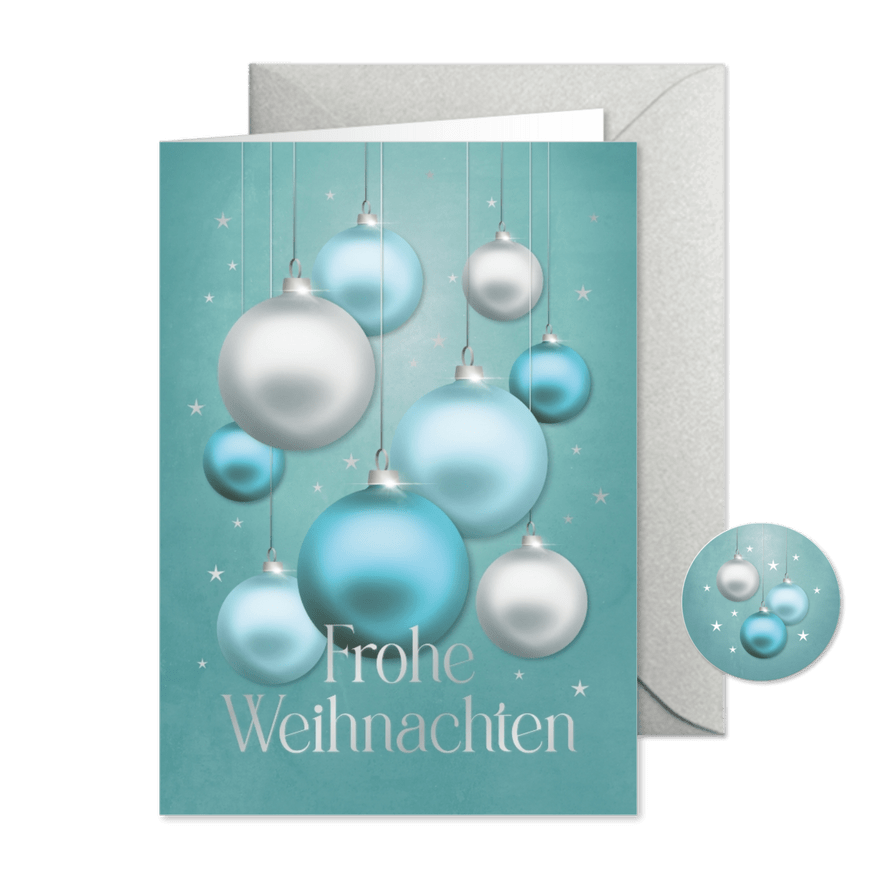 Geschäftliche Weihnachtskarte blaue Weihnachtskugeln - Karteneindruck
