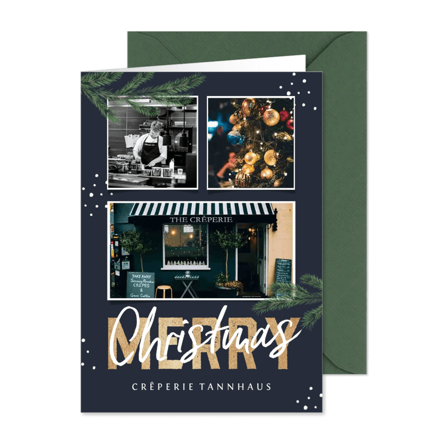 Geschäftliche Weihnachtskarte Fotocollage & Tannenzweige - Karteneindruck