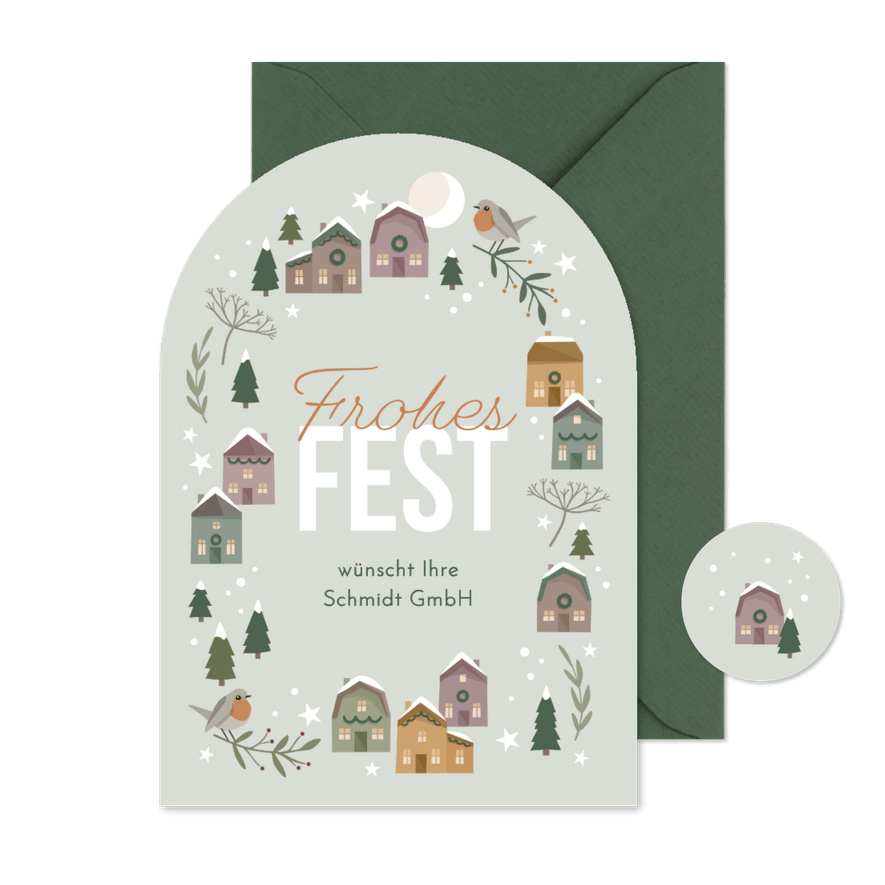 Geschäftliche Weihnachtskarte Häuser im Winter - Karteneindruck
