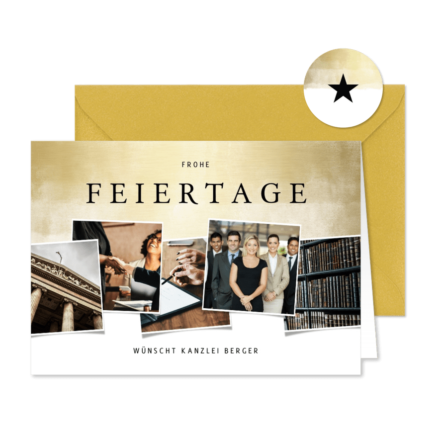 Geschäftliche Weihnachtskarte in Goldlook mit Fotocollage - Kartenvorschau