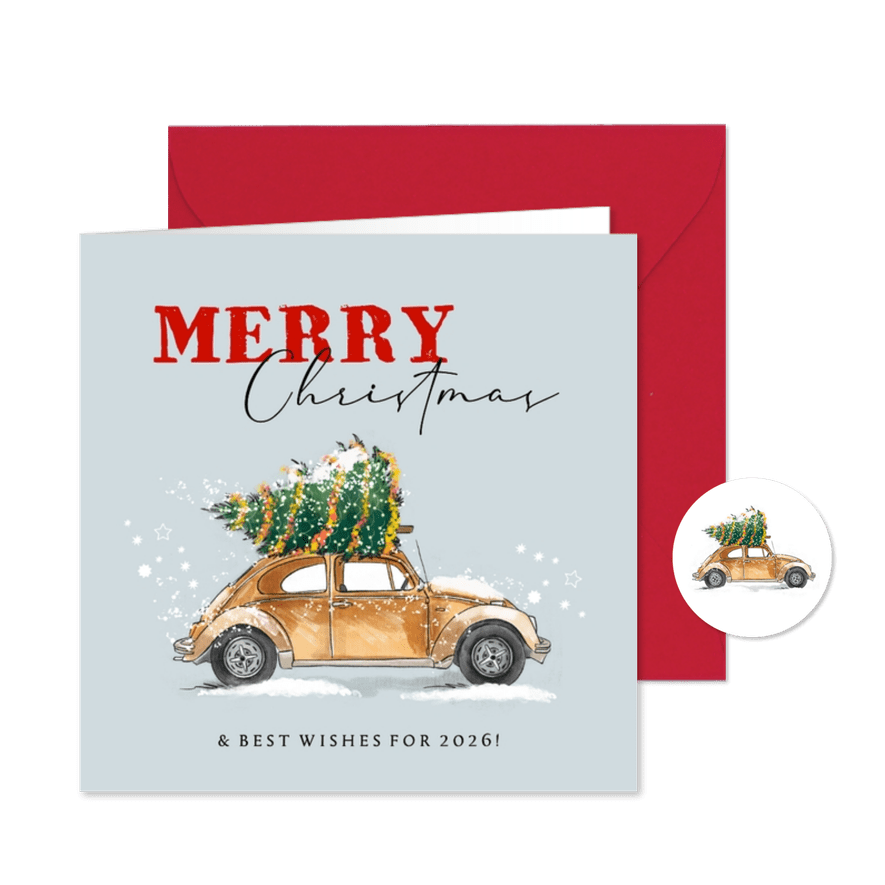 Geschäftliche Weihnachtskarte Käfer mit Weihnachtsbaum - Karteneindruck
