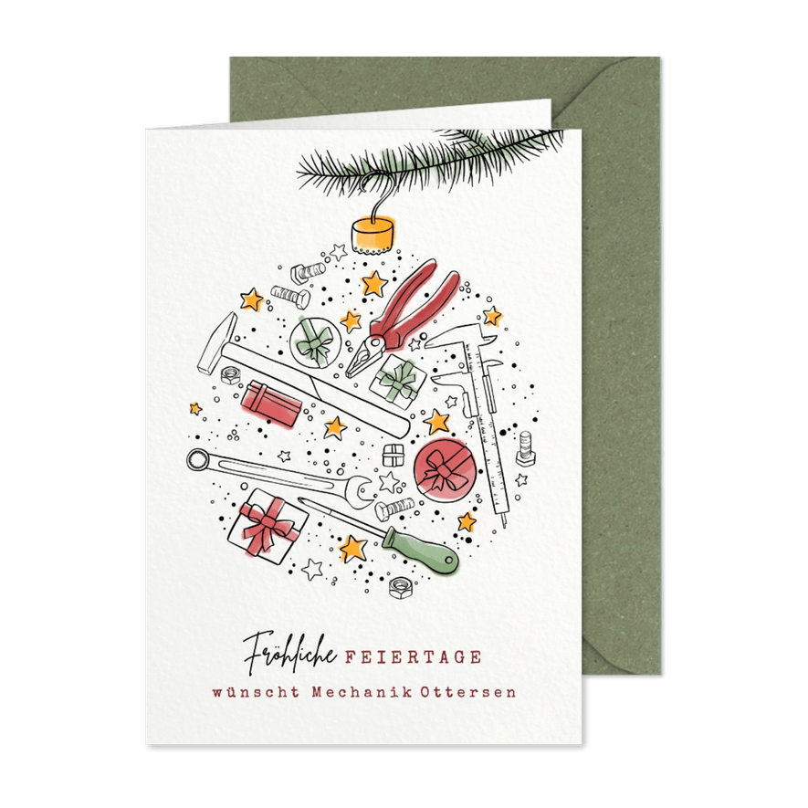Geschäftliche Weihnachtskarte "Mechanik" mit Icons  - Karteneindruck
