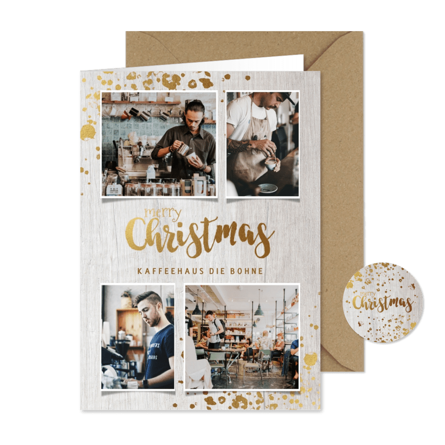 Geschäftliche Weihnachtskarte mit Fotos auf Holz - Karteneindruck
