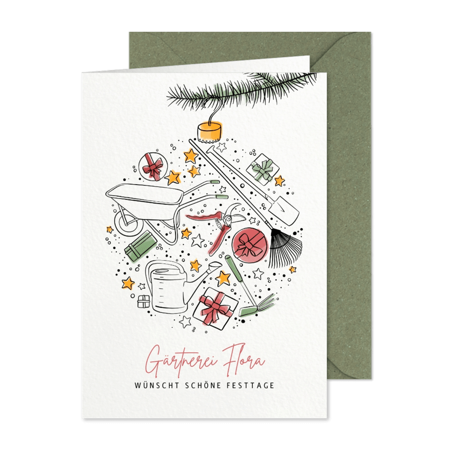 Geschäftliche Weihnachtskarte mit 'Gärtnerei' Icons - Karteneindruck