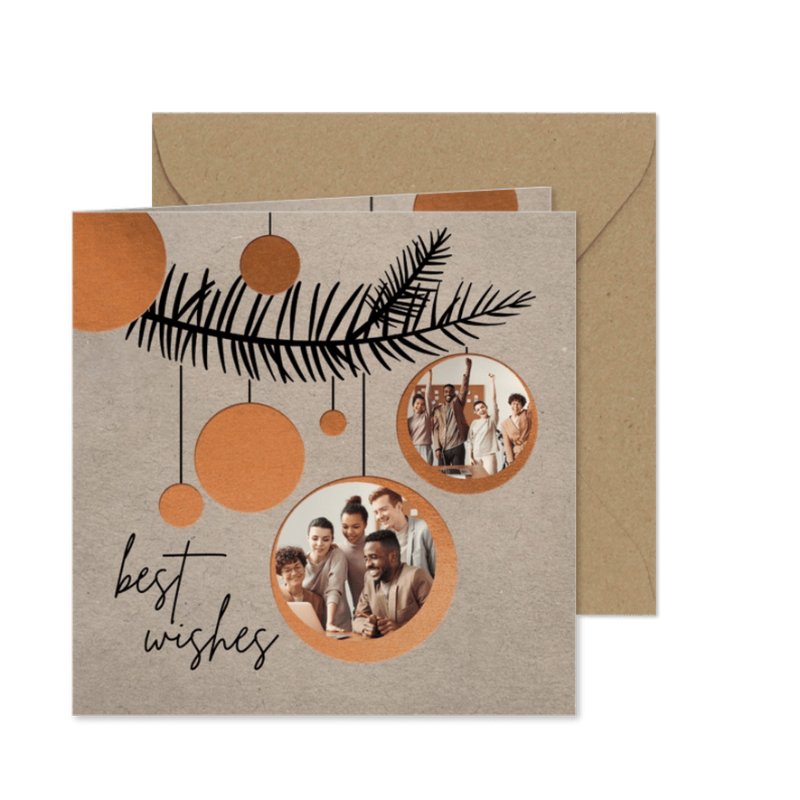 Geschäftliche Weihnachtskarte mit Kugeln und Fotos - Karteneindruck