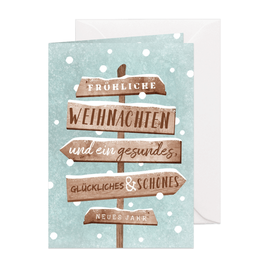 Geschäftliche Weihnachtskarte Schnee und Wegweiser - Karteneindruck
