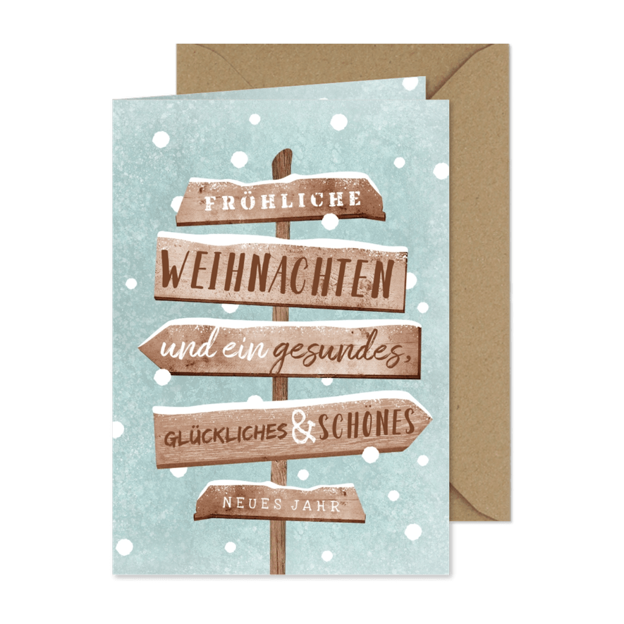 Geschäftliche Weihnachtskarte Schnee und Wegweiser - Karteneindruck