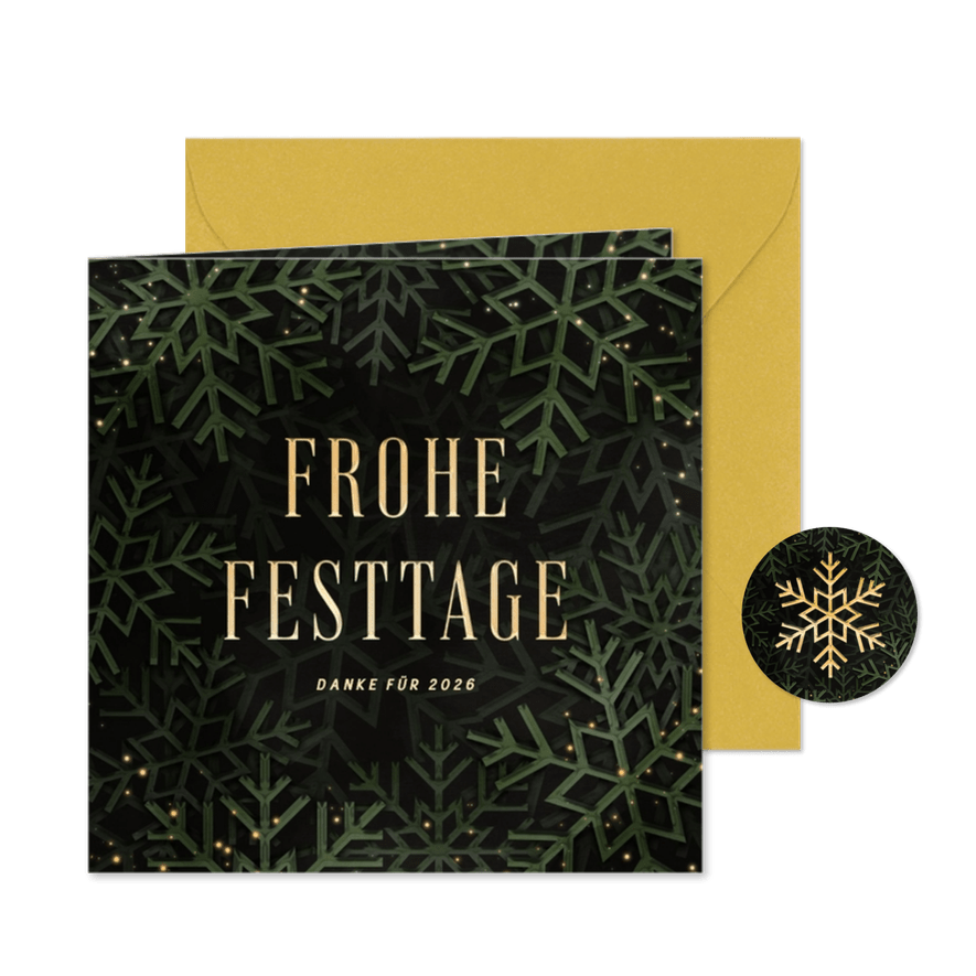 Geschäftliche Weihnachtskarte Schneekristalle gruen - Kartenvorschau
