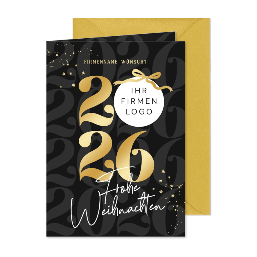 Geschäftliche Weihnachtskarte schwarz mit Goldschleife 2026 - Karteneindruck
