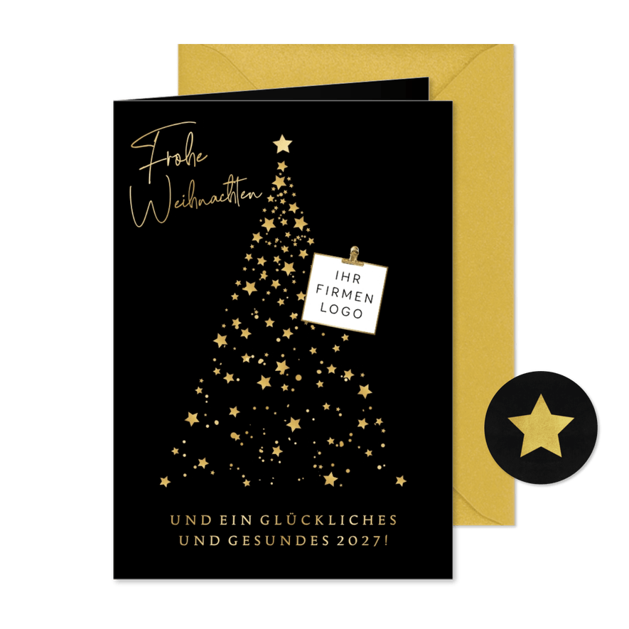Geschäftliche Weihnachtskarte Sternenbaum gold - Kartenvorschau