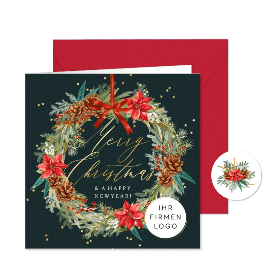 Geschäftliche Weihnachtskarte Weihnachtskranz & Firmenlogo - Karteneindruck