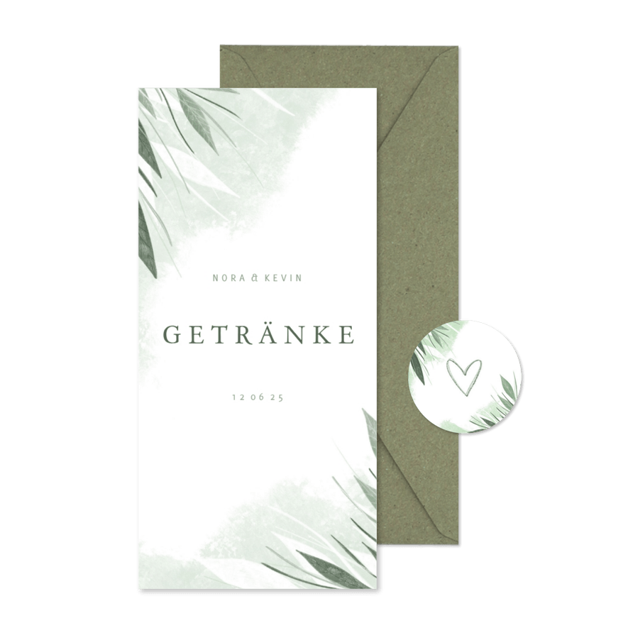 Getränkekarte Hochzeitsfeier zierliche Blätter - Karteneindruck
