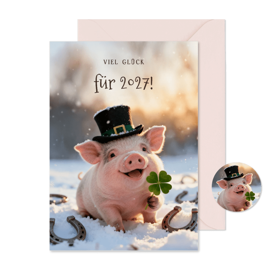Glücksbringerkarte Neujahr Schweinchen mit Kleeblatt - Kartenvorschau