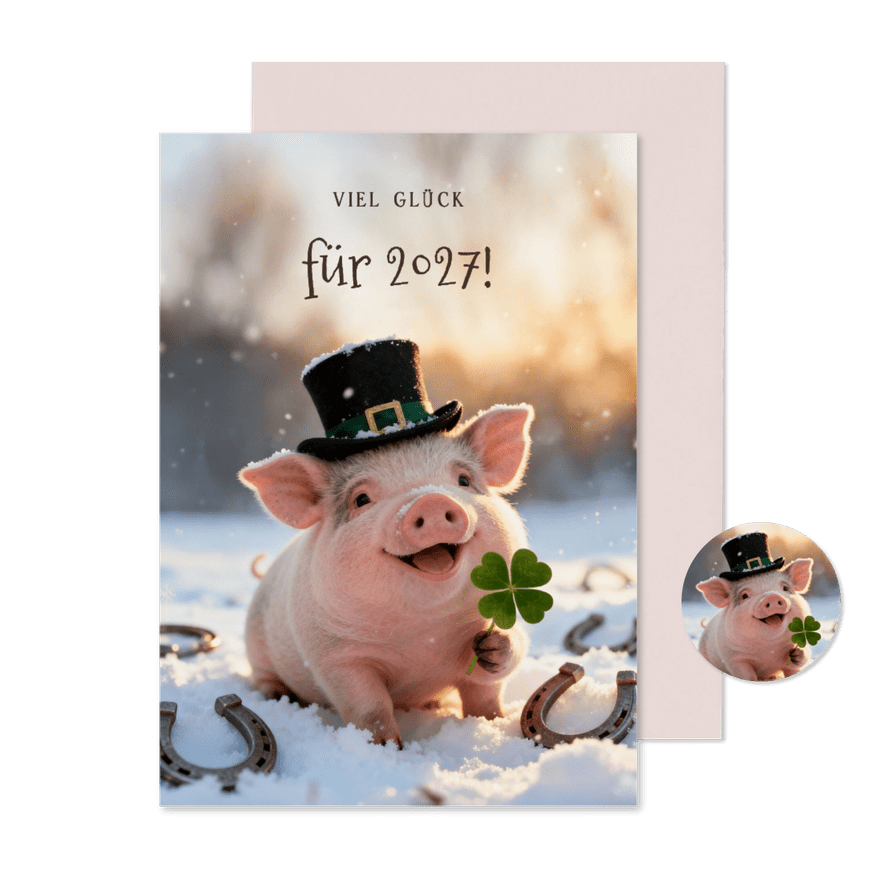 Glücksbringerkarte Neujahr Schweinchen mit Kleeblatt - Kartenvorschau