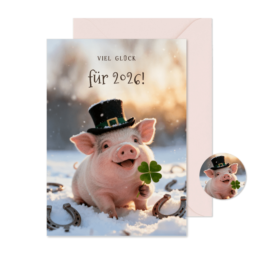 Glücksbringerkarte Neujahr Schweinchen mit Kleeblatt - Karteneindruck
