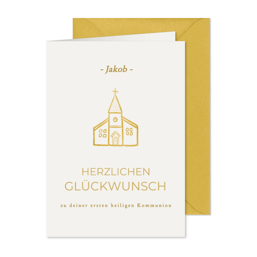 Glückwünschkarte goldene Kirche erste heilige Kommunion - Karteneindruck