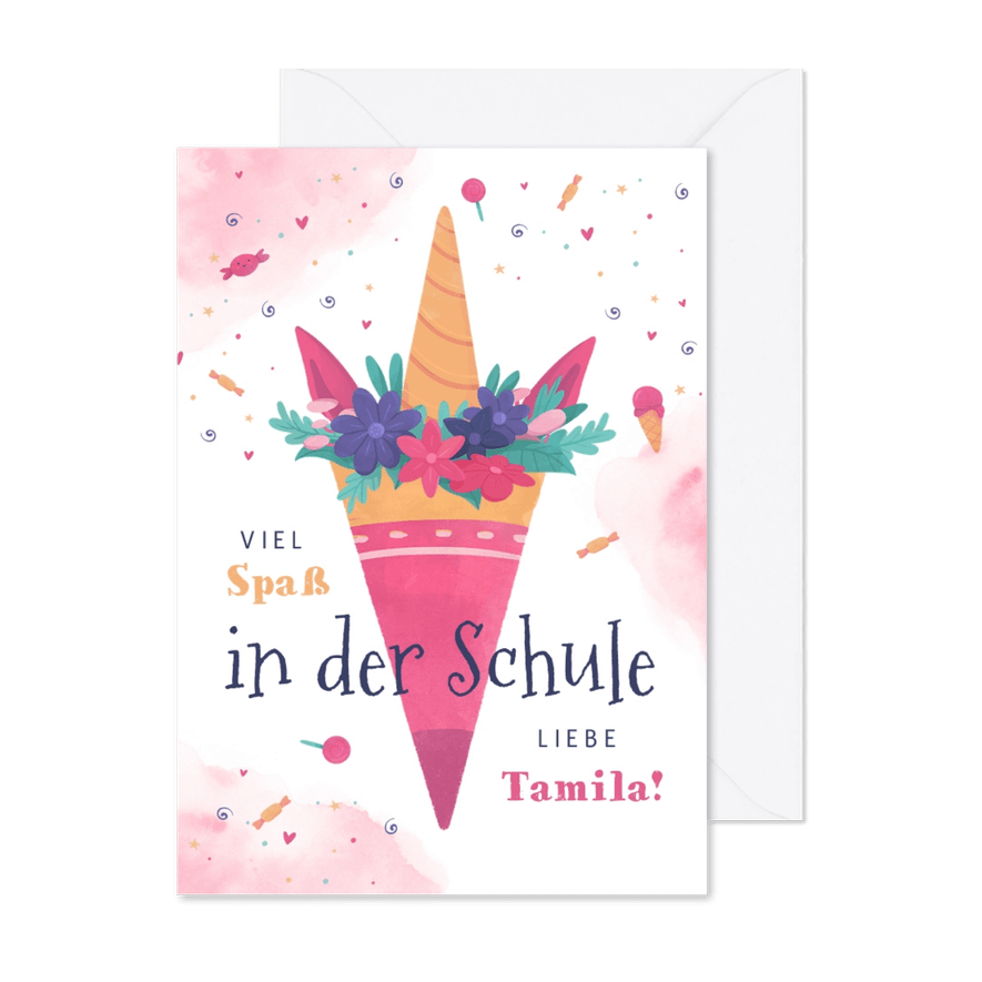 Glückwunschkarte 1. Schultag Schultüte Einhornform - Karteneindruck