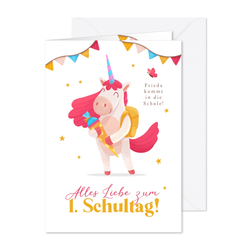 Glückwunschkarte 1. Schultag Unicorn mit Schultüte - Karteneindruck
