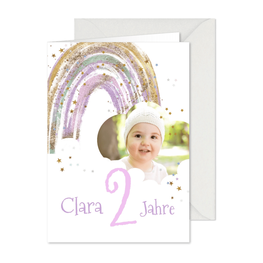 Glückwunschkarte 2. Geburtstag Regenbogen & Foto - Karteneindruck