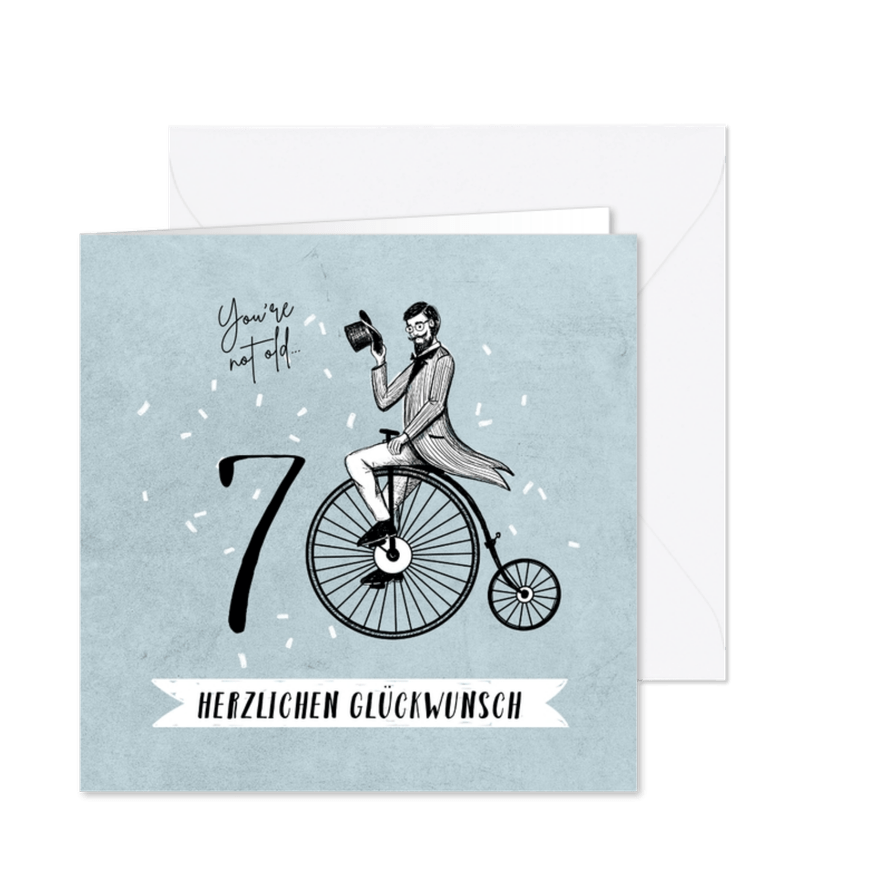 Glückwunschkarte 70. Geburtstag Hochrad Vintage - Karteneindruck