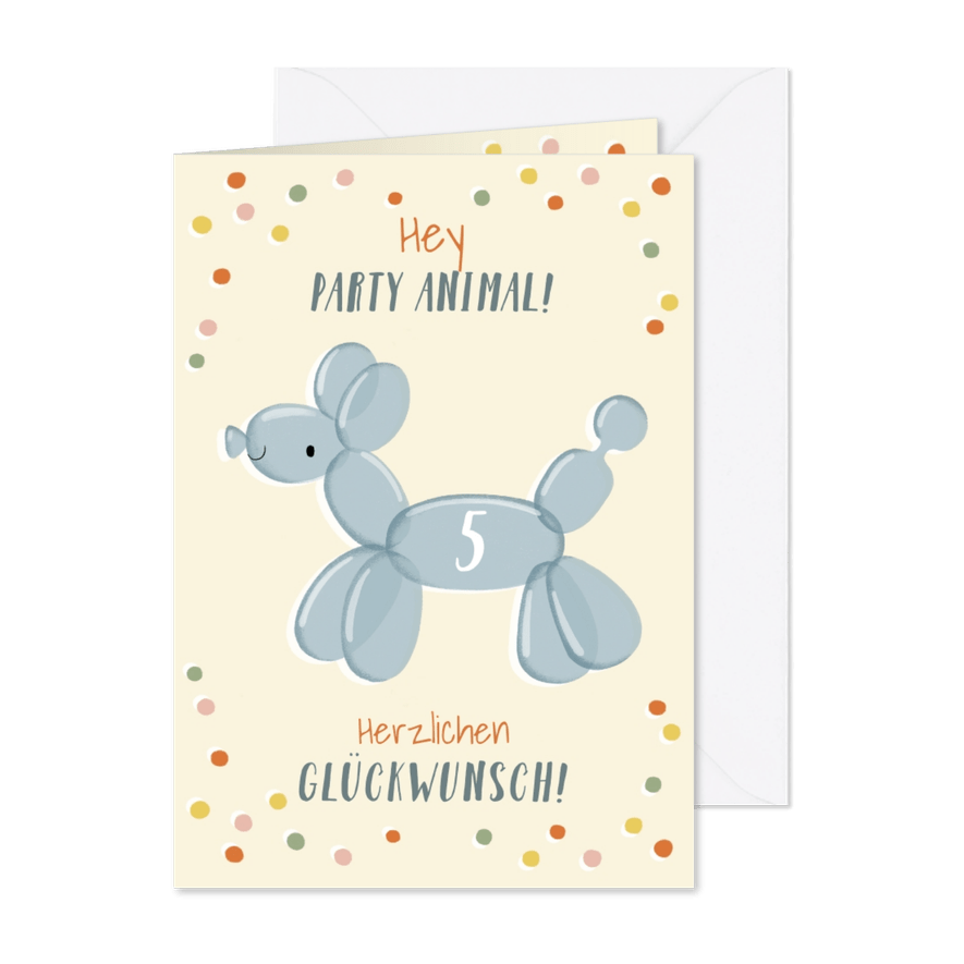 Glückwunschkarte Ballon-Hund und Konfetti - Karteneindruck