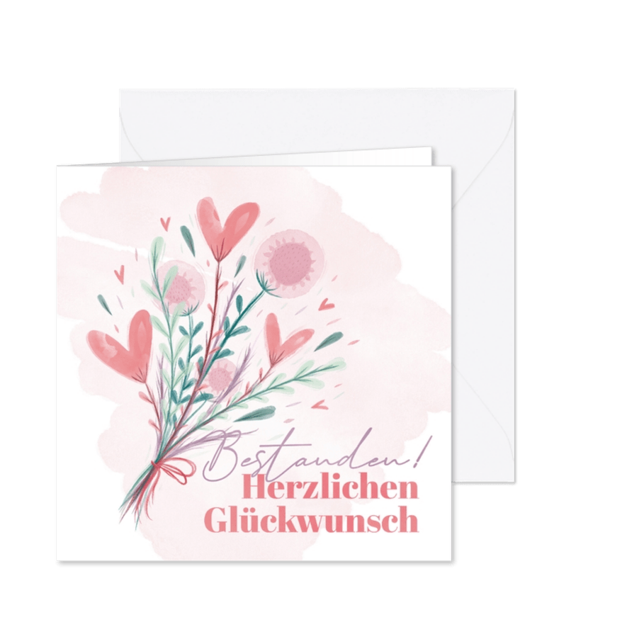 Glückwunschkarte 'Bestanden' Blumenstrauß mit Herzen - Karteneindruck