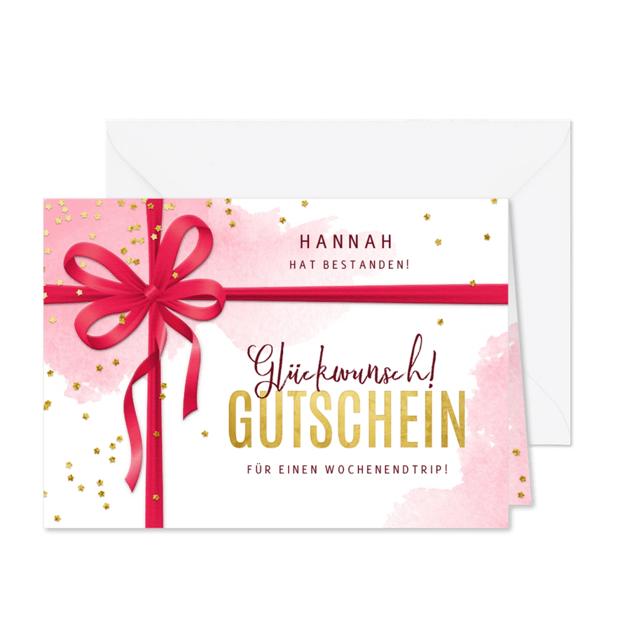Glückwunschkarte Bestanden Gutschein pink - Karteneindruck
