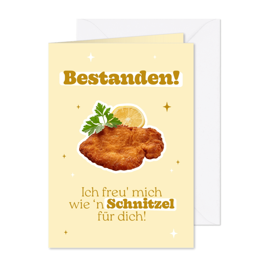 Glückwunschkarte Bestanden 'Ich freu mich wie 'n Schnitzel' - Karteneindruck