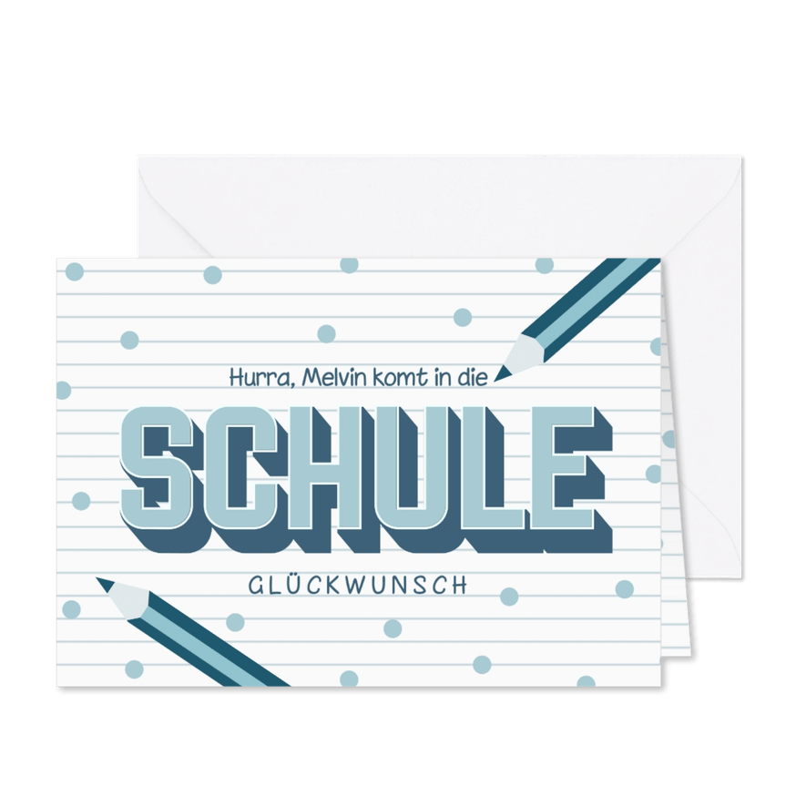 Glückwunschkarte Einschulung blaue Buntstifte & Konfetti - Karteneindruck