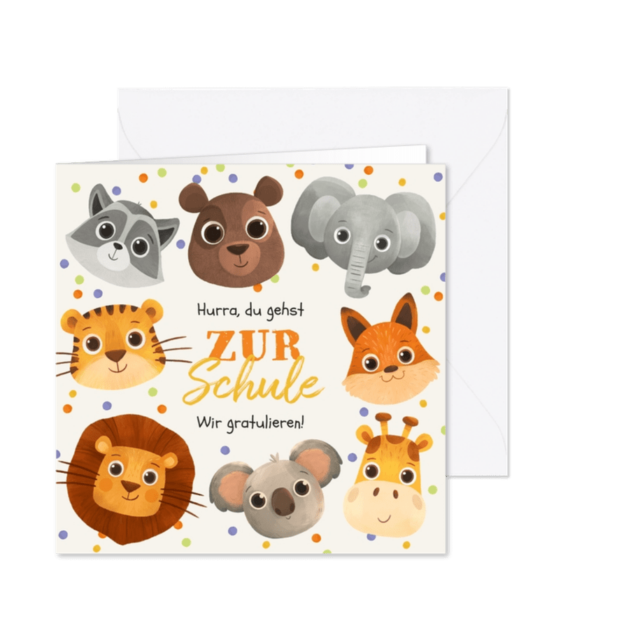 Glückwunschkarte Einschulung niedliche Zootiere - Karteneindruck
