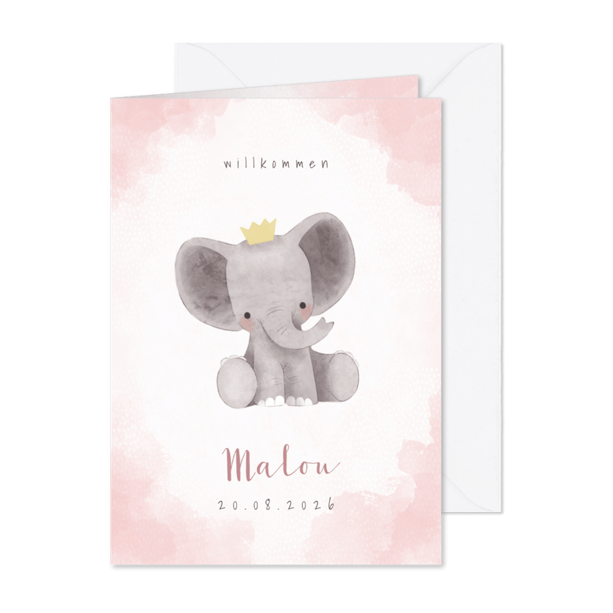 Glückwunschkarte Elefant Geburt rosa - Karteneindruck