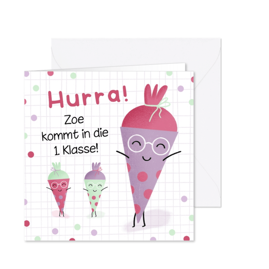 Glückwunschkarte Erstklässler lila Schultüte - Karteneindruck