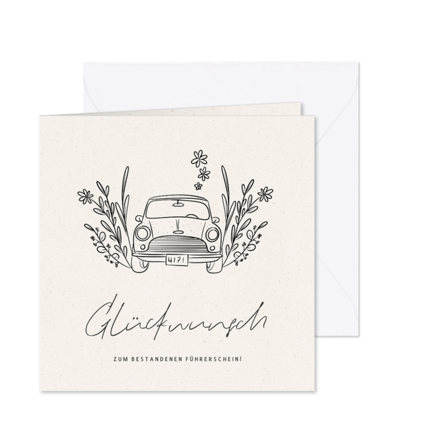 Glückwunschkarte Fahrprüfung Auto & Blumen - Karteneindruck