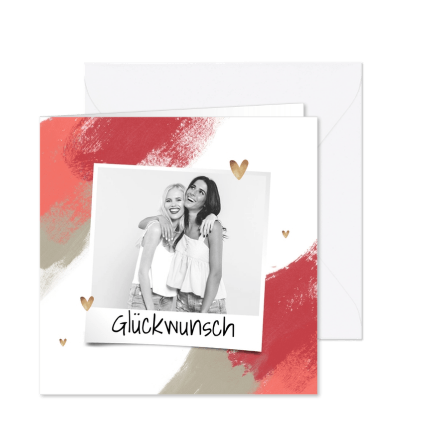 Glückwunschkarte Foto, Farbe und Herzchen - Karteneindruck