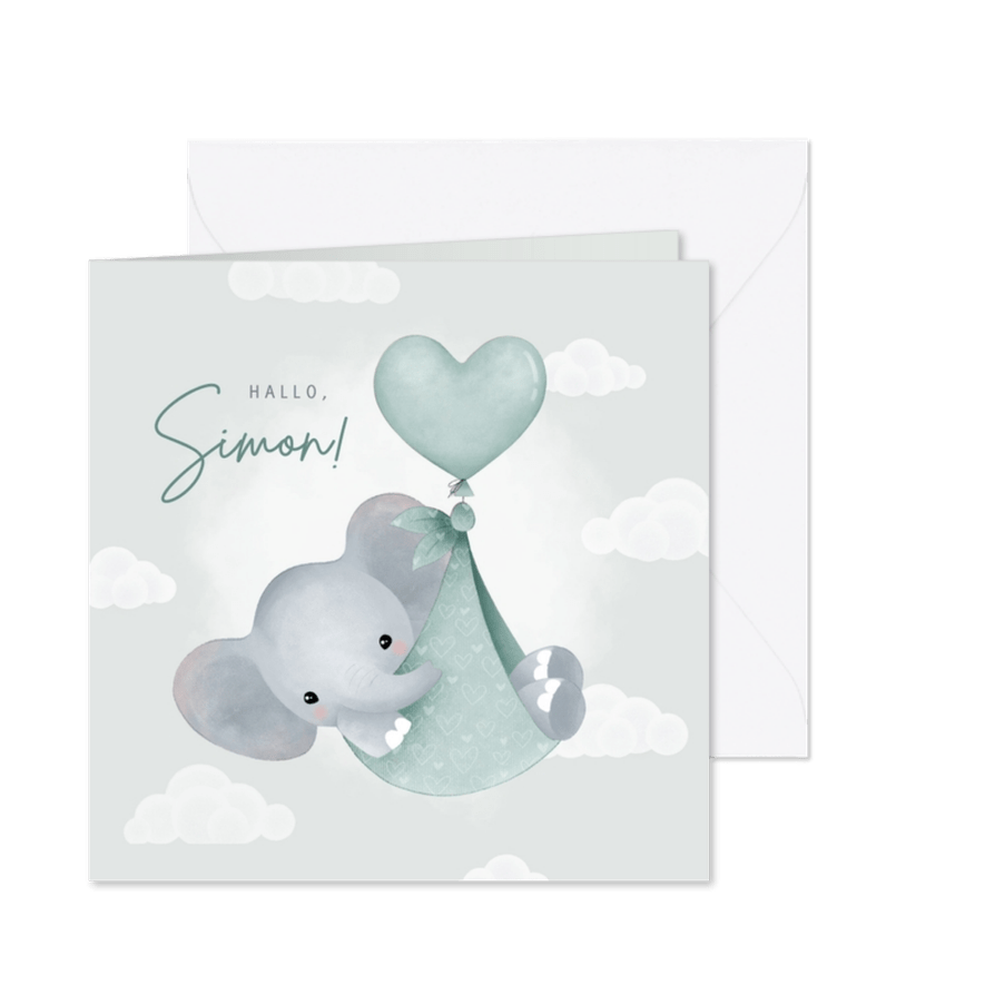 Glückwunschkarte Geburt blau Elefant mit Luftballon - Karteneindruck