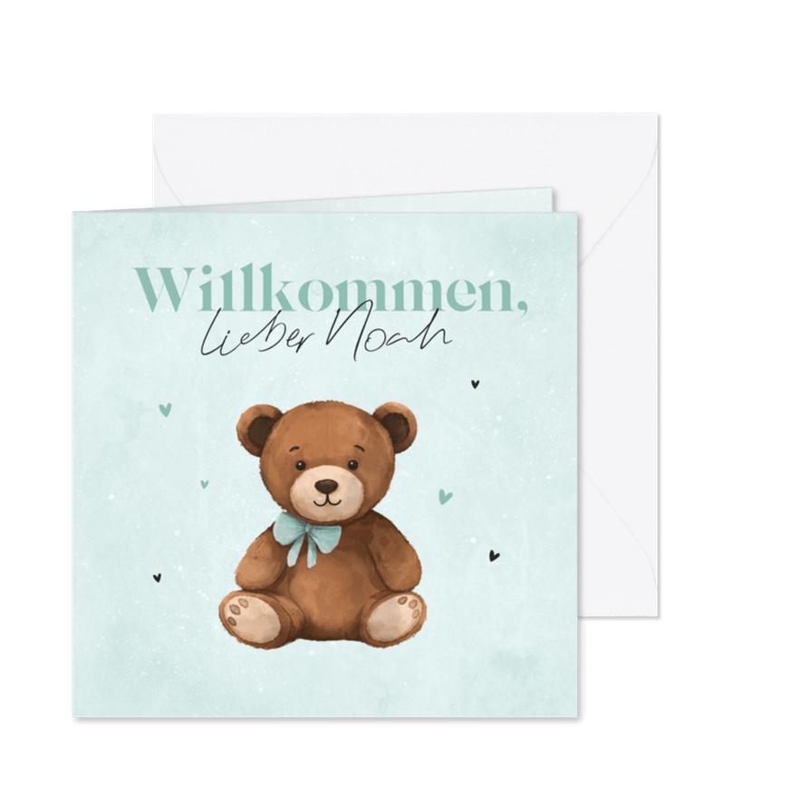 Glückwunschkarte Geburt blau mit Teddybär - Karteneindruck
