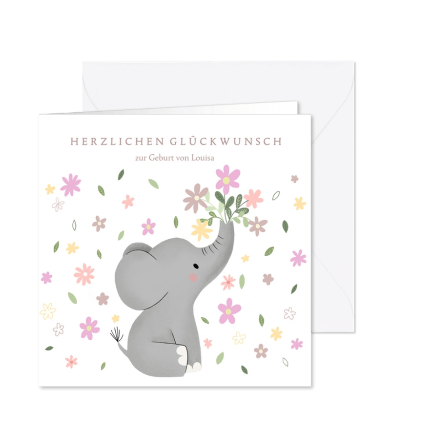 Glückwunschkarte Geburt Elefant mit Blumen - Karteneindruck
