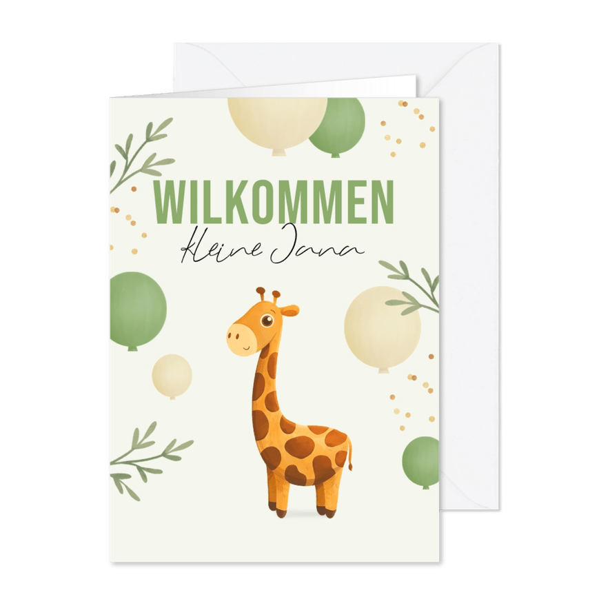 Glückwunschkarte Geburt Giraffe & Ballons - Karteneindruck