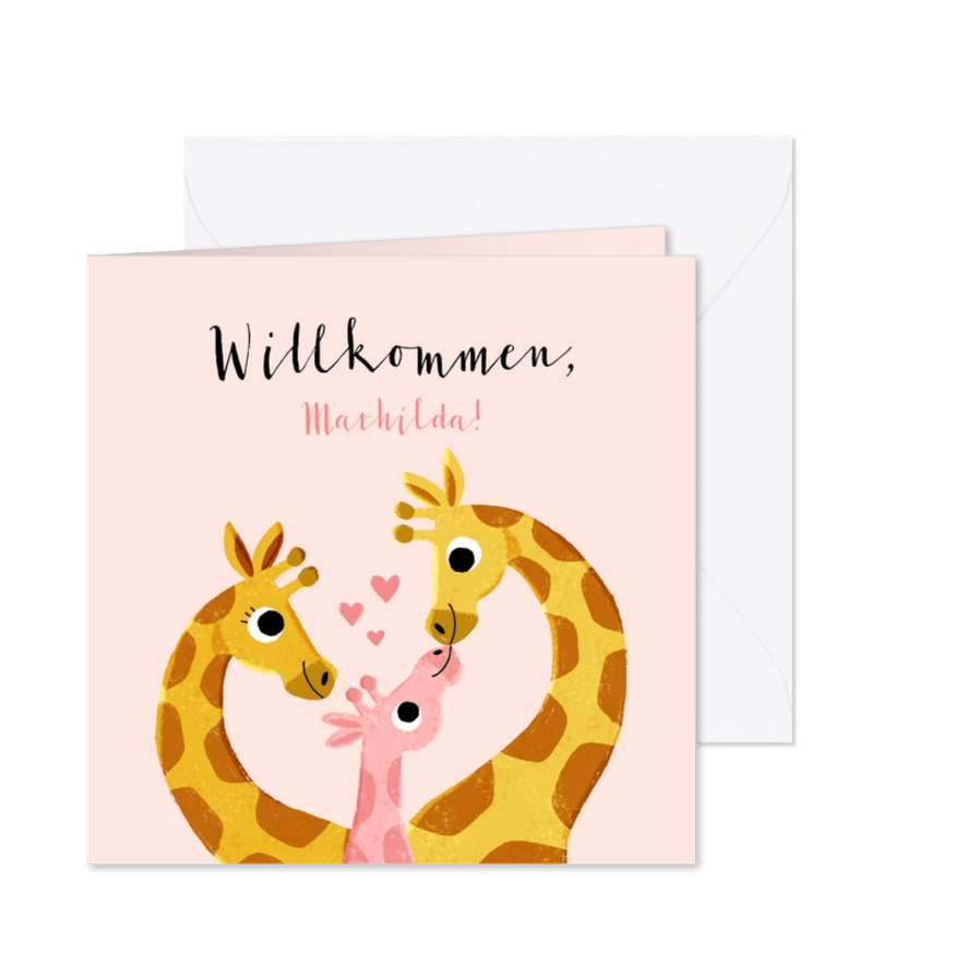 Glückwunschkarte Geburt Giraffenfamilie Mädchen - Karteneindruck