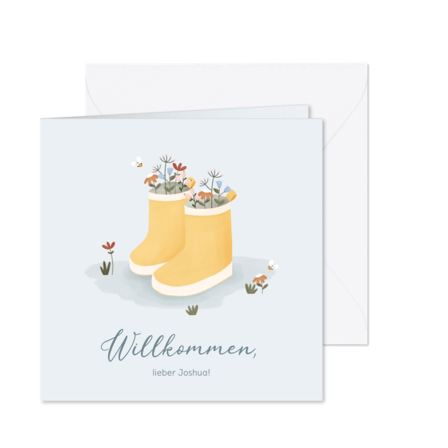 Glückwunschkarte Geburt Gummistiefel mit Blumen - Karteneindruck