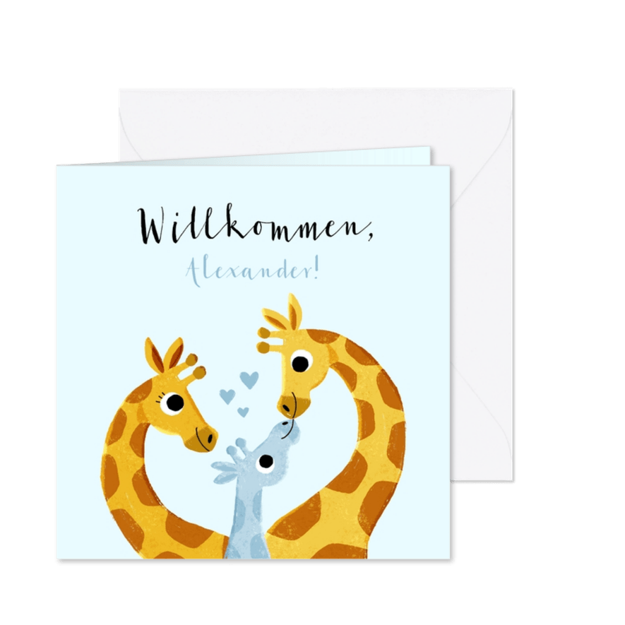 Glückwunschkarte Geburt Junge mit Giraffenfamilie - Karteneindruck