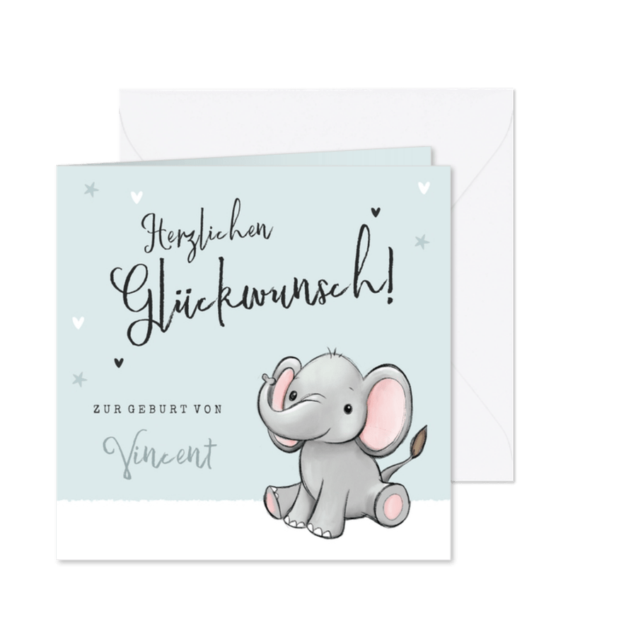 Glückwunschkarte Geburt kleiner Elefant blau - Karteneindruck