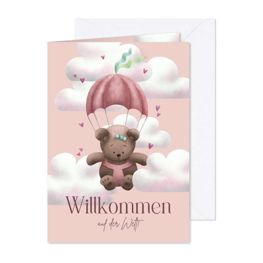Glückwunschkarte Geburt rosa Bär mit Fallschirm - Karteneindruck