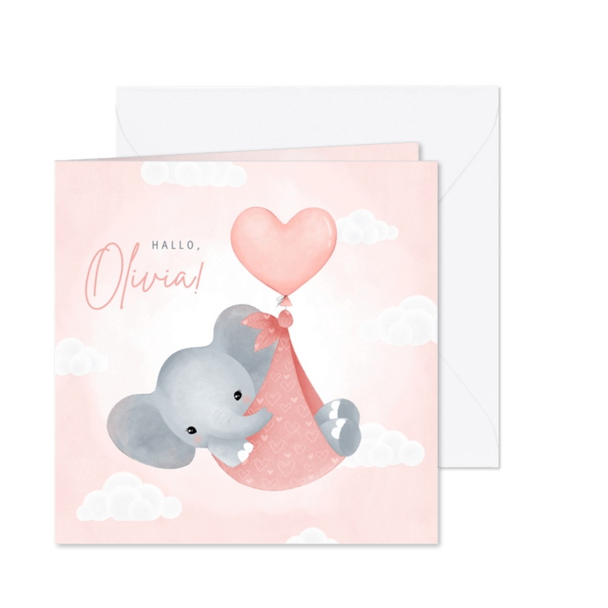 Glückwunschkarte Geburt rosa Elefant mit Luftballon - Karteneindruck