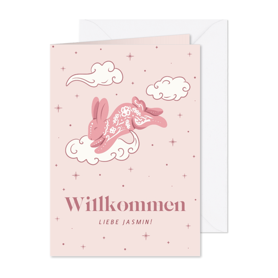 Glückwunschkarte Geburt rosa Hase in Wolken - Karteneindruck