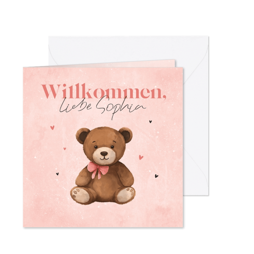Glückwunschkarte Geburt rosa mit Teddybär - Karteneindruck