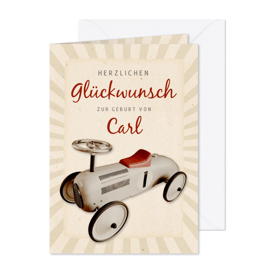 Glückwunschkarte Geburt Vintage-Auto - Karteneindruck