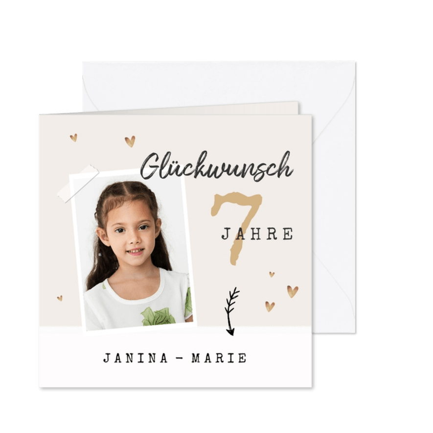 Glückwunschkarte Geburtstag Mädchen mit Foto und Herzen - Karteneindruck
