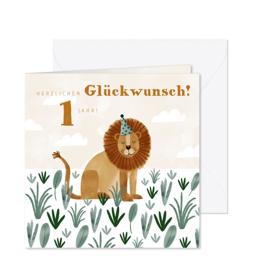 Glückwunschkarte Geburtstag mit Löwe und Pflanzen - Karteneindruck
